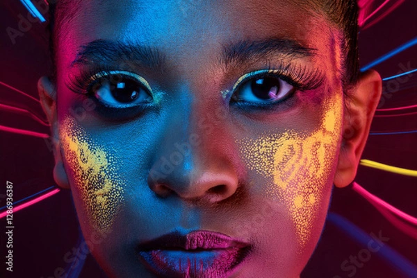 Obraz Cyber Glow Portrait – Futuristic Woman with Neon Face Paint, Immersive Digital Aesthetics, and Vibrant Light Trails