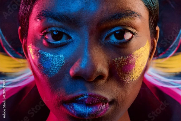 Obraz Neon Glow Portrait – Futuristic Woman with Vibrant Face Paint, Cyberpunk Aesthetic, and Immersive Light Effects