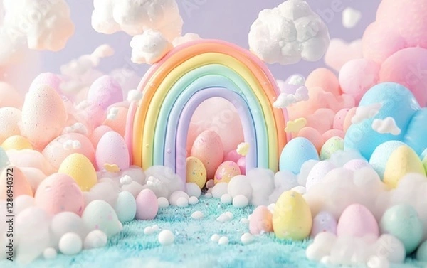 Fototapeta Easter pastel-colored dreamland with fluffy clouds and egg rainbows