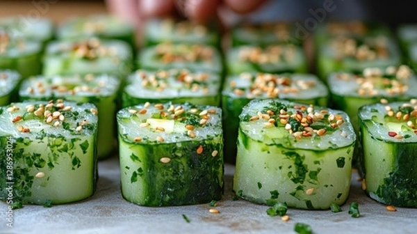 Fototapeta Hand arranging cucumber sushi rolls on parchment paper; background shows more rolls