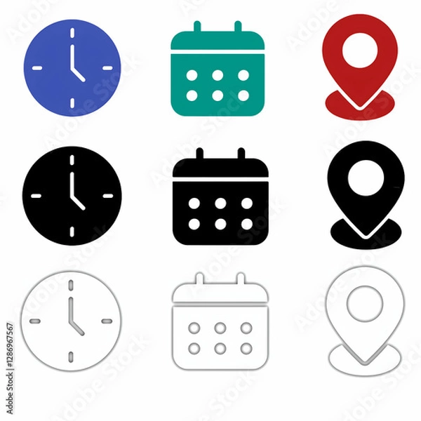 Fototapeta Time, date and address or location icons. Time, date and address vector collection,vector set of flat icons for web