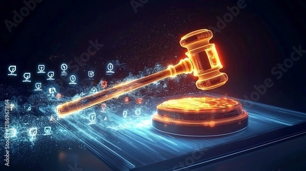 Obraz A glowing digital gavel striking a sleek platform, emitting waves justice symbols and light trails,