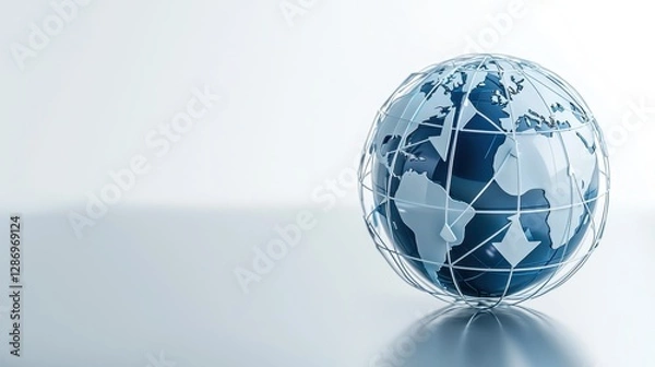 Fototapeta A modern, transparent globe with a wireframe design, showcasing continents in blue and white against a light b