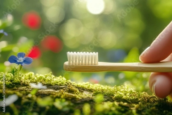 Fototapeta A bamboo toothbrush in a lush green natural setting, promoting eco-friendly dental hygiene.
