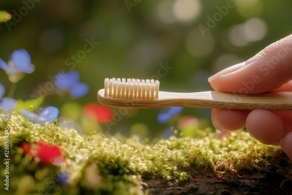 Fototapeta A hand holds a bamboo toothbrush against a backdrop of vibrant green moss and delicate blue flowers.