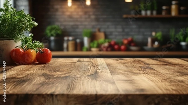 Obraz Empty Wooden Table with Blurred Kitchen Blurred Background.