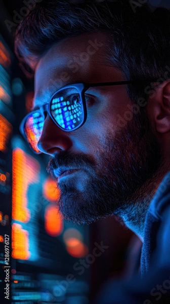 Fototapeta Software developer with glasses reflecting code