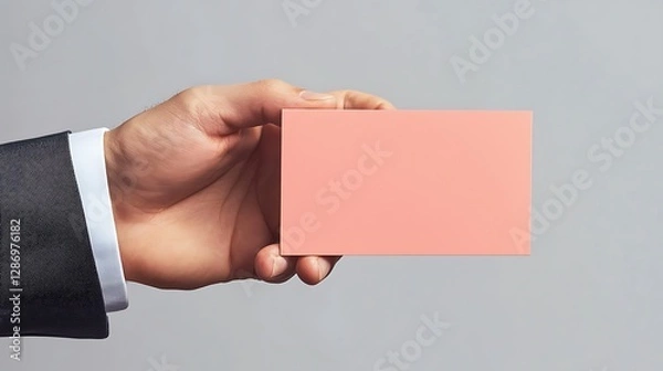 Obraz Professional businessman hand presenting a plain coral pink business card, solid light gray background, no shadow,