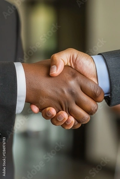 Obraz Two diverse business executives exchanging a confident handshake, symbolizing leadership and mutual trust in an office environment