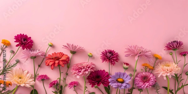 Obraz spring flowers border pink background top view 