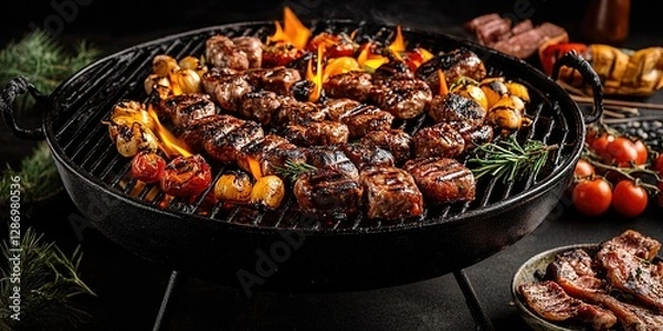 Obraz Assorted delicious grilled meat with vegetables over the coals on a barbecue
