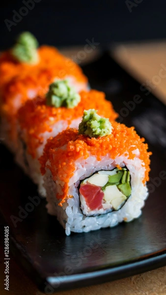 Fototapeta Delicious sushi and rolls served in plate or slate on a black background, macro