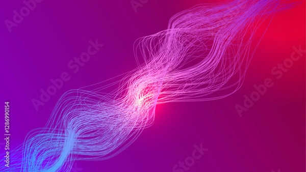 Fototapeta Vector curvy abstract line art wavy flowing dynamic green pink white background in concept music or sound, wave, wind, information flow