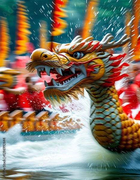 Obraz Dragonboat festival concept: Dragon Boat Energy, intense dragon boat race scene, Dynamic splashes of water and blurred oars in motion create a sense of speed and excitement, Duanwu, Chinese tradition
