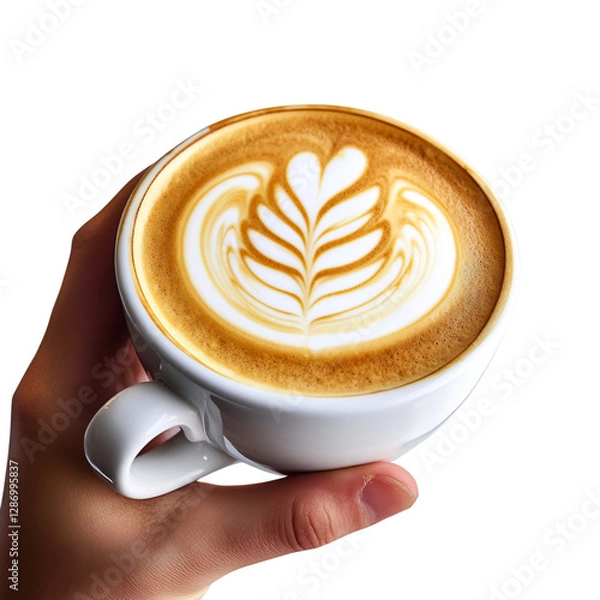 Fototapeta A Hand Holding a Latte with Latte Art Isolated on Transparent Background