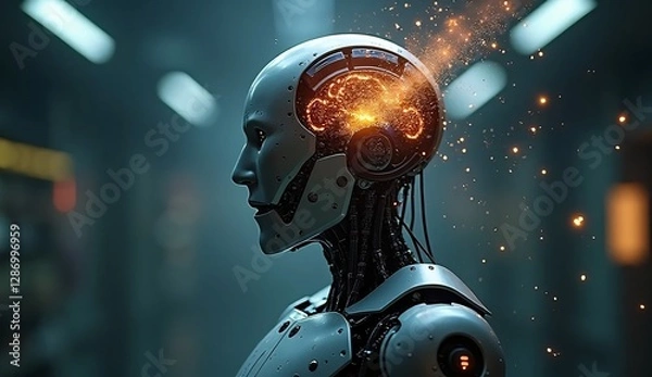 Fototapeta Futuristic Robot Profile with Glowing Brain Sparks and Technology Aura