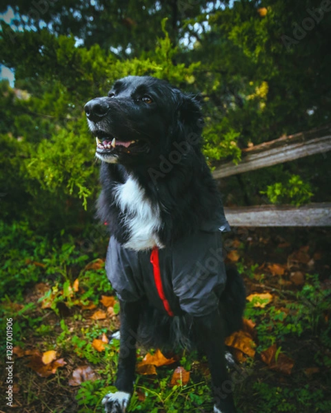Fototapeta A large black dog stands proudly in front of a breathtaking natural backdrop, its sleek coat contrasting against the vibrant greenery. The expansive landscape of trees and open skies