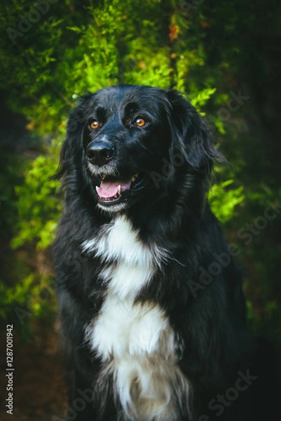 Fototapeta A large black dog stands proudly in front of a breathtaking natural backdrop, its sleek coat contrasting against the vibrant greenery. The expansive landscape of trees and open skies