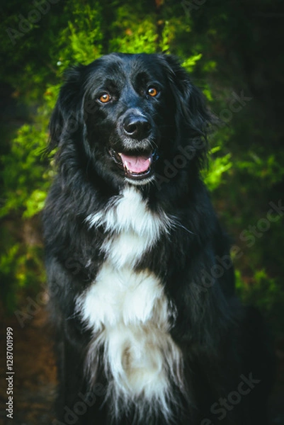 Fototapeta A large black dog stands proudly in front of a breathtaking natural backdrop, its sleek coat contrasting against the vibrant greenery. The expansive landscape of trees and open skies