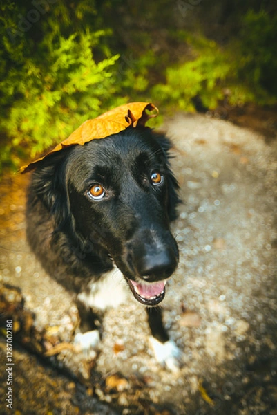 Fototapeta A large black dog stands proudly in front of a breathtaking natural backdrop, its sleek coat contrasting against the vibrant greenery. The expansive landscape of trees and open skies
