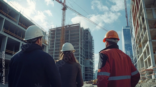 Fototapeta Three Engineers and architects are discussing building progress at a construction site with cranes
