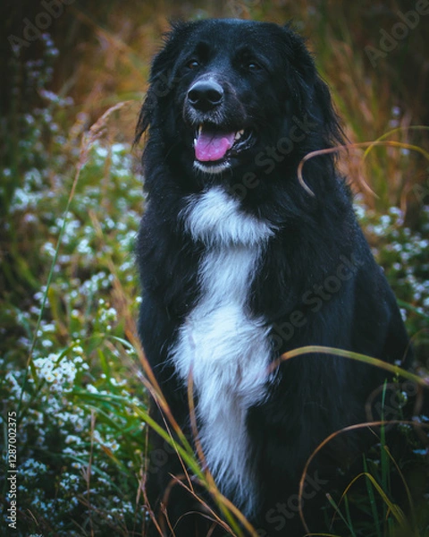 Fototapeta A large black dog stands proudly in front of a breathtaking natural backdrop, its sleek coat contrasting against the vibrant greenery. The expansive landscape of trees and open skies