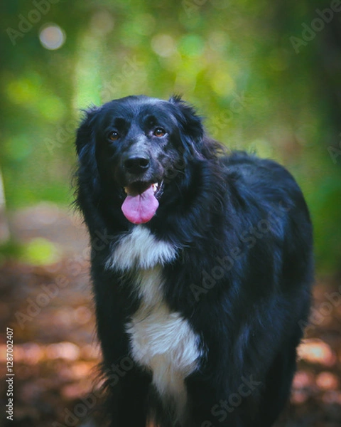 Fototapeta A large black dog stands proudly in front of a breathtaking natural backdrop, its sleek coat contrasting against the vibrant greenery. The expansive landscape of trees and open skies