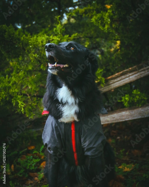 Fototapeta A large black dog stands proudly in front of a breathtaking natural backdrop, its sleek coat contrasting against the vibrant greenery. The expansive landscape of trees and open skies