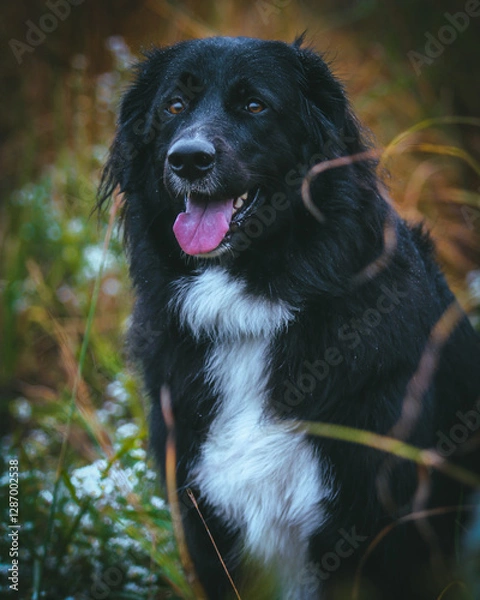 Fototapeta A large black dog stands proudly in front of a breathtaking natural backdrop, its sleek coat contrasting against the vibrant greenery. The expansive landscape of trees and open skies