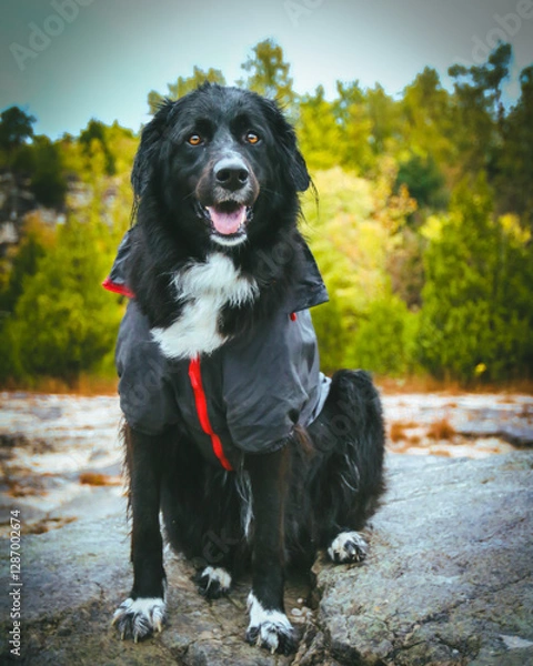Fototapeta A large black dog stands proudly in front of a breathtaking natural backdrop, its sleek coat contrasting against the vibrant greenery. The expansive landscape of trees and open skies