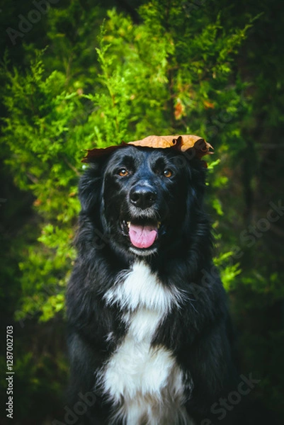Fototapeta A large black dog stands proudly in front of a breathtaking natural backdrop, its sleek coat contrasting against the vibrant greenery. The expansive landscape of trees and open skies