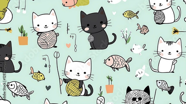 Fototapeta A colorful cat and fish patterned wallpaper. generated using AI