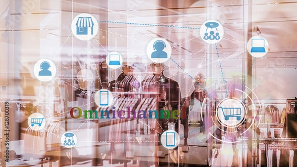 Obraz Marketing Data mangement platform and Omnichannel concept image. Omnichannel element icons on abstract Fashion stroe background.