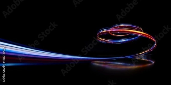 Fototapeta Swirl Stage. Neon glowing purple blue.
Abstract virtual fluorescent Dark. Sci Fi technical concept. Cyberpunk Light Trails. slow shutter. Light trajectory twisted ribbon. Glowing dynamic lines. 