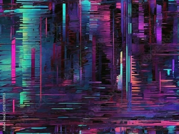 Obraz Abstract glitch texture with chaotic digital noise, torn pixels, bright neon colors 