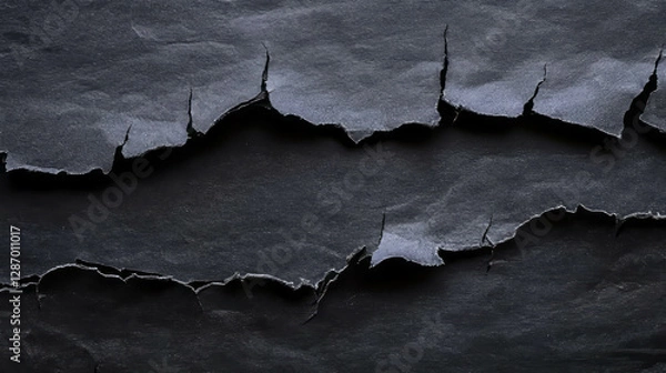 Fototapeta Torn black rumpled paper texture with jagged edges for creative design projects