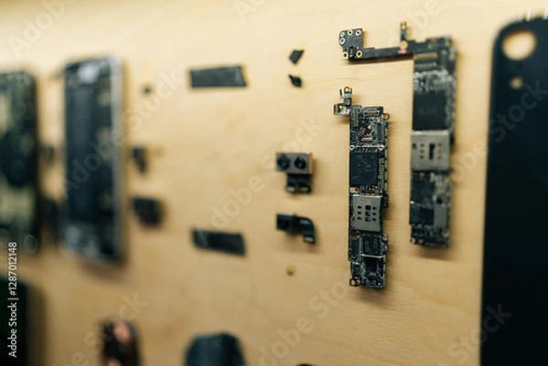 Fototapeta Disassembled smartphones displayed on wooden wall, exposing complex internal electronics and circuitry during professional technical diagnostic procedure in modern repair workshop, close-up