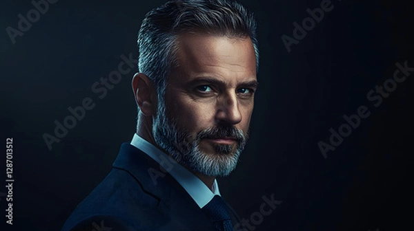 Fototapeta A middle-aged businessman with a neatly trimmed beard standing against a dark background with a composed expression.