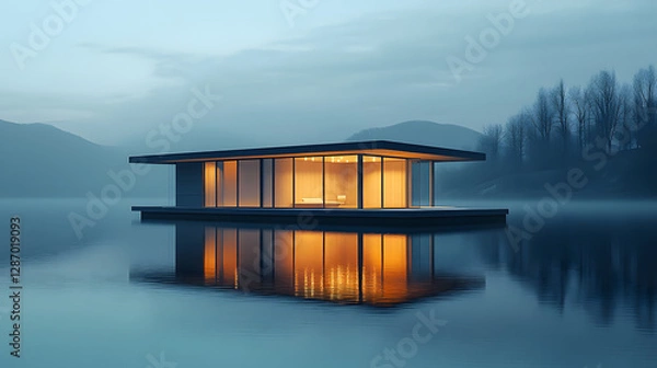 Fototapeta A minimalist home floating on a mirror-like lake with walls made of glowing translucent material.