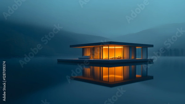 Fototapeta A minimalist home floating on a mirror-like lake with walls made of glowing translucent material.