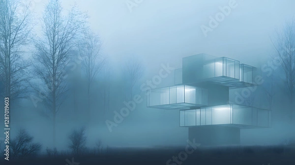 Fototapeta A minimalist house designed from stacked transparent cubes hovering in a foggy landscape.