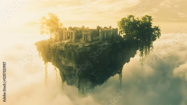 Fototapeta A mystical floating island with ancient ruins and vines hanging over the edges drifting high above the clouds.