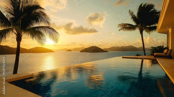 Obraz A paradise island with a luxurious infinity pool overlooking the ocean palm trees swaying in the warm breeze.