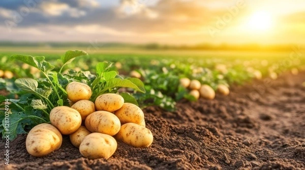 Obraz Harvesting Fresh Potatoes in Field at Sunset Agriculture and Farming