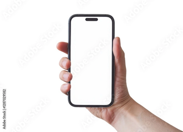 Fototapeta Hand holding smartphone mockup as png photo with blank screen isolated on white background. mobile phone hand mockup
