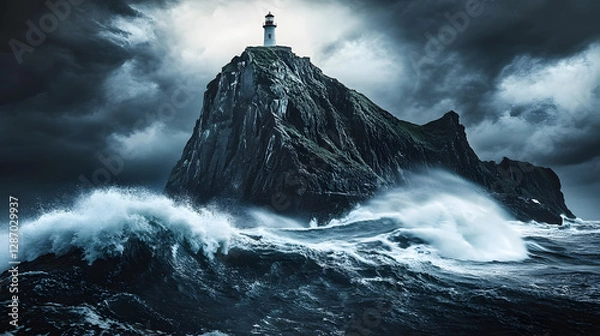 Obraz A rocky island with a dramatic lighthouse standing tall against crashing waves during a powerful storm.
