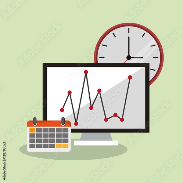 Fototapeta Computer clock and calendar icon. Worktime office supplies and workforce theme. Colorful design. Vector illustration