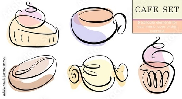 Obraz Cafe set - coffee and sweets. Black line/color