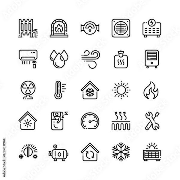 Fototapeta Collection of icons related to heating, ventilation and air conditioning (HVAC) systems.