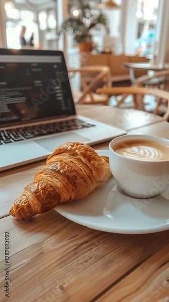 Fototapeta Cafe Workspace Serenity: An inviting still life captures a moment of focus at a cafe, featuring a laptop, a steaming cup of coffee with latte art, and a fresh croissant.